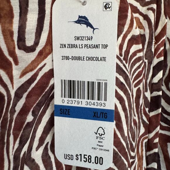 Tommy Bahama Blouse Zen Zebra Peasant Top Animal Print Fall Long Sleeve XL NWT - Picture 7 of 9